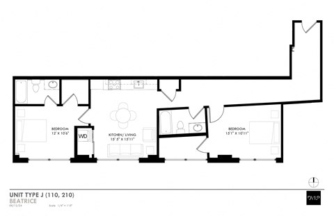 Floor plan for 2 beds, 2 baths, 1002 sqft
